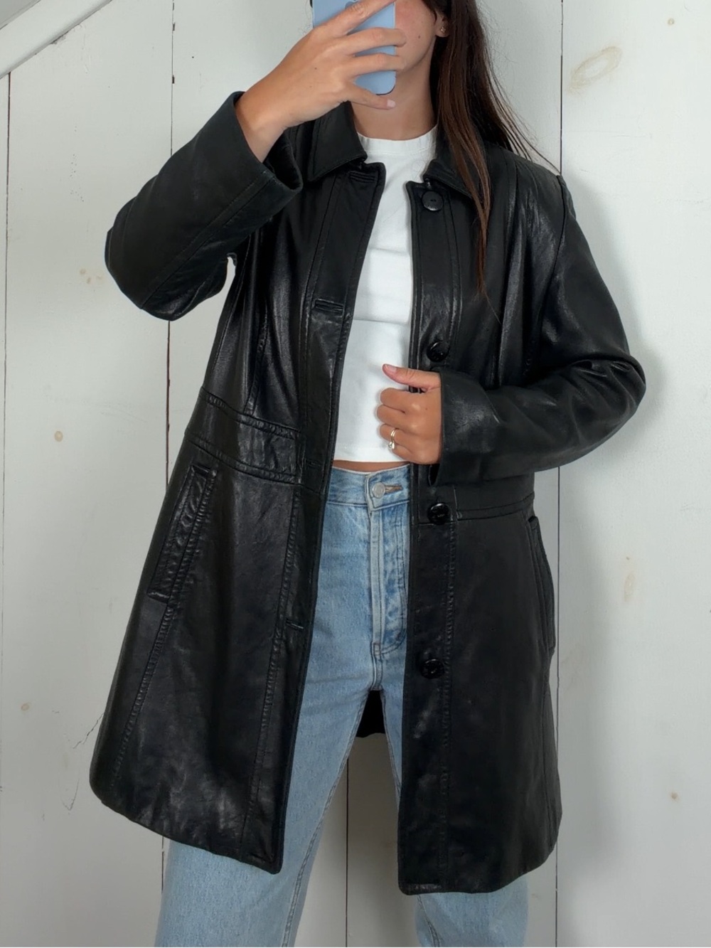 Jones New York Black Leather Mid Length Button Up Collared Jacket Women’s Medium